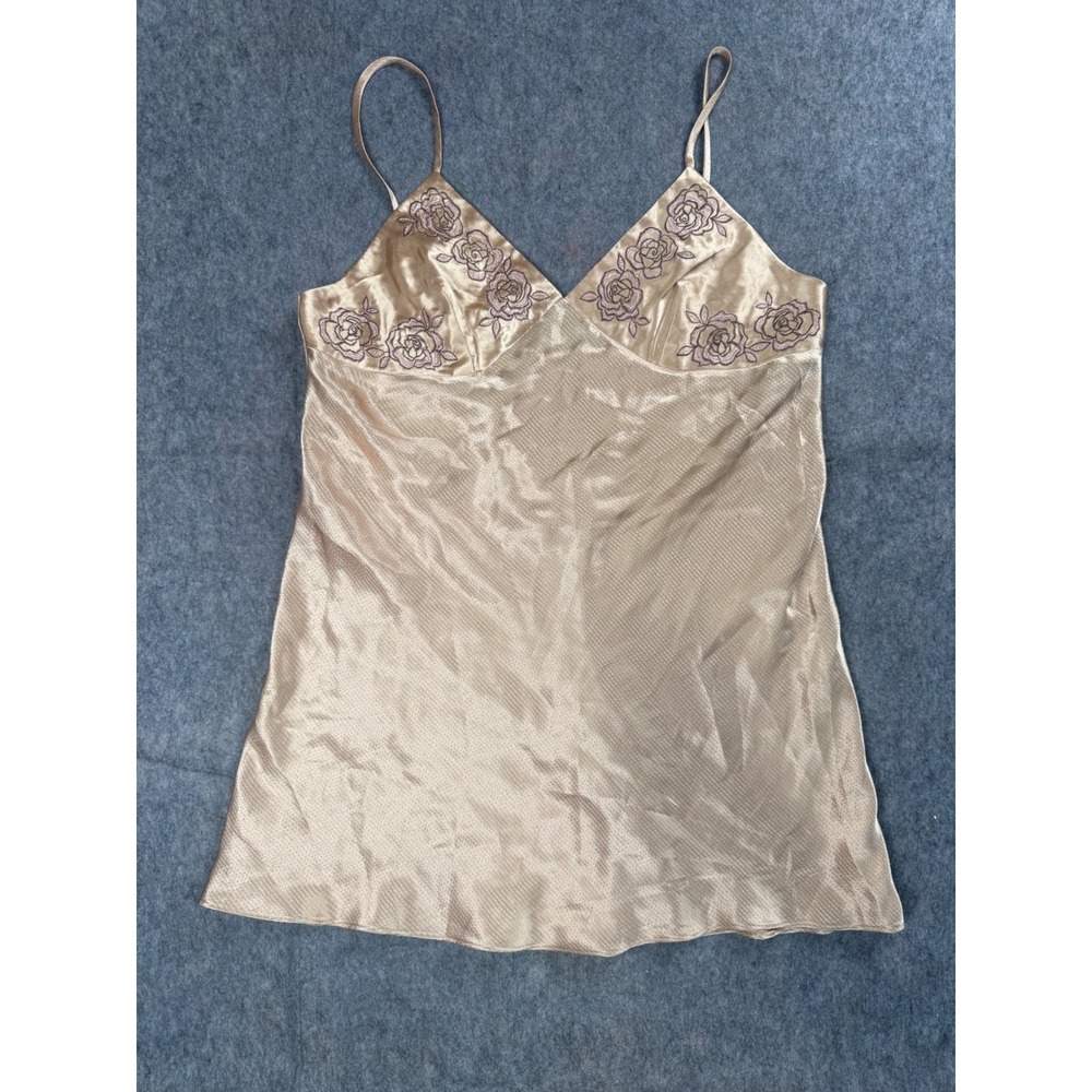 Sensara Camisole Top Women XL Gold Satin Floral Rose Embroidered V-Neck Y2K Sexy